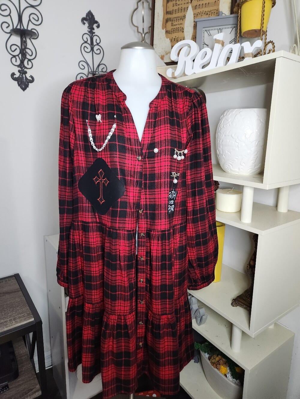 Red and Black Plaid Button-Front Tunic Dress with Patch Details
